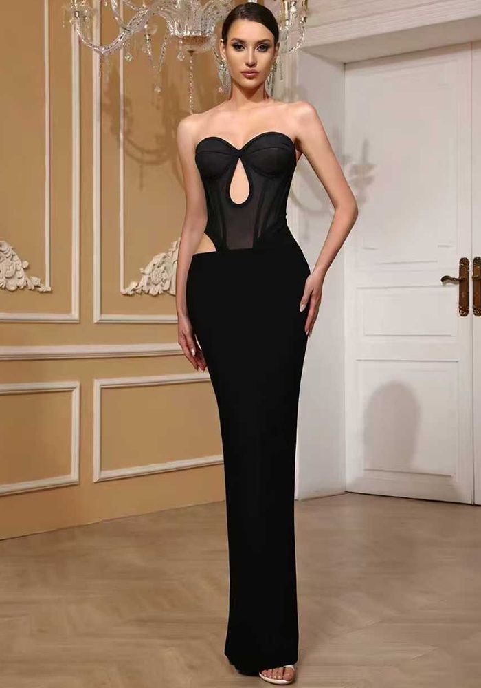 Robe Maxi Bandage en Maille Noire Dos Nu avec Fente pour Femmes
