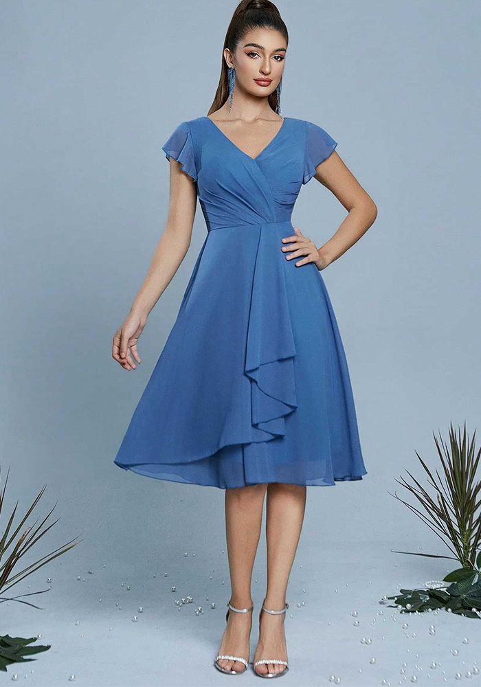 Robe de Soirée Maxi V-Cou Bleue pour Femmes