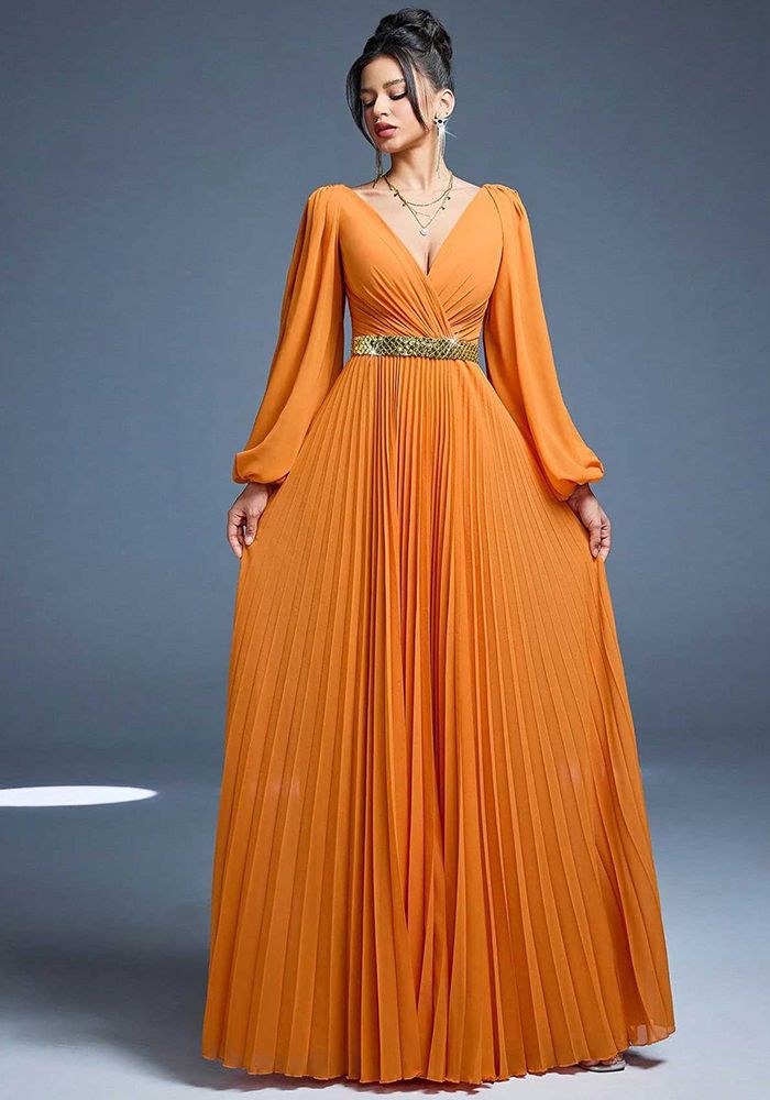 Robe de Soirée Élégante à Manches Longues et Col V pour Femmes