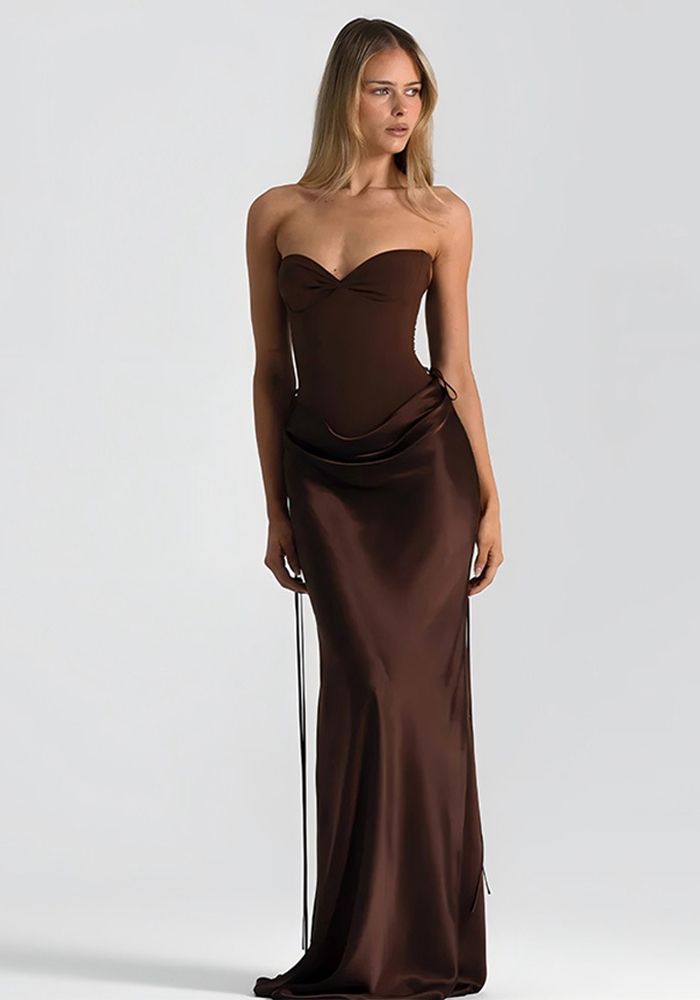 Robe Longue à Ruban Corset Slim Taille Unie pour Femmes
