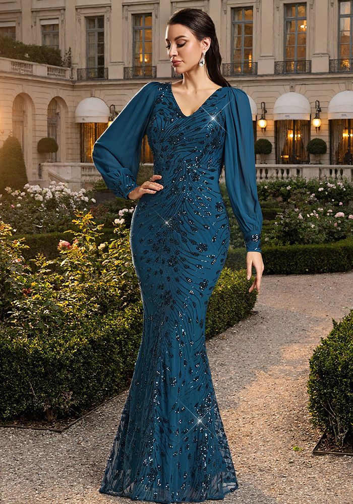 Robe de soirée en maille à sequins pour femmes, manches longues, décolleté en V, sirène, printemps/automne