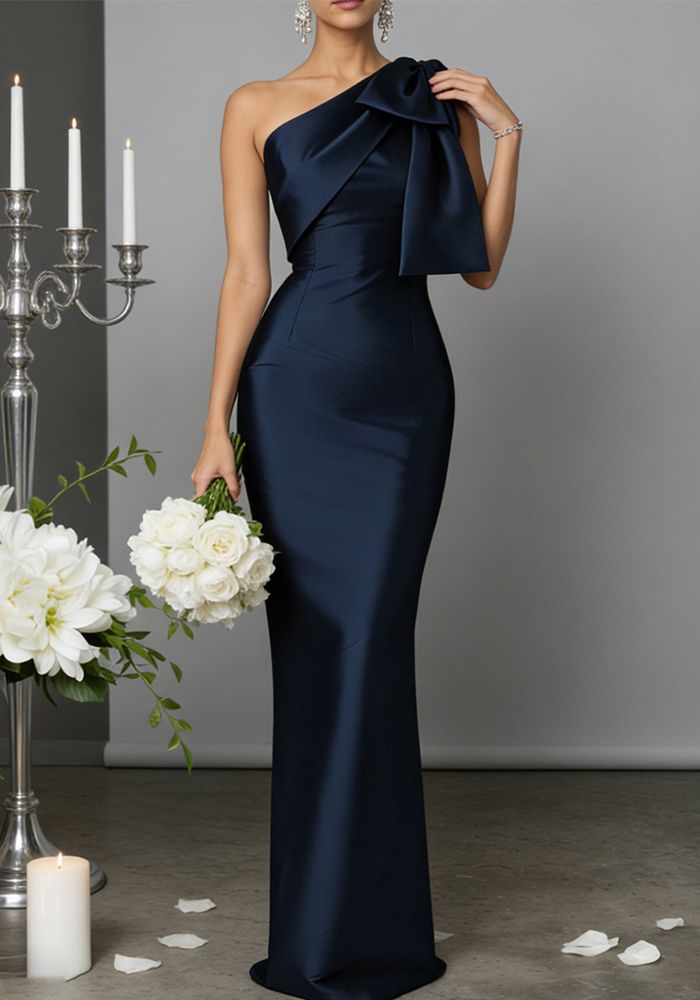 Robe de Soirée Formelle Élégante en Satin Bleu Foncé à Une Épaule avec Fente