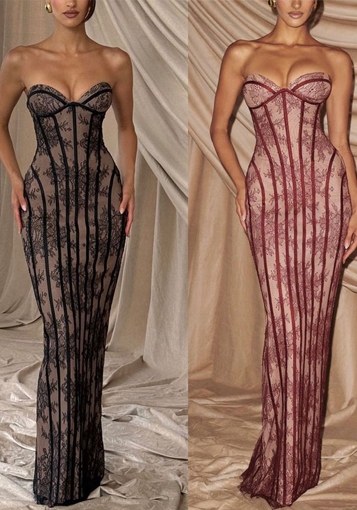 Robe Maxi Femme Bodycon en Dentelle avec Ceinture
