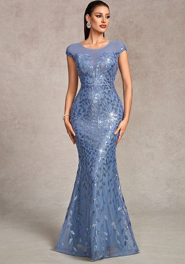 Robe de Soirée Élegante en Maille Brodée de Sequins à Manches Courtes et Col Rond V-Dos pour Femmes