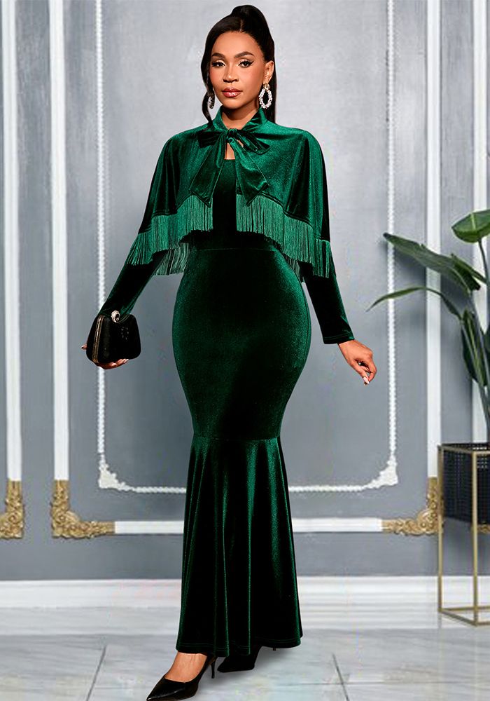 Ensemble de Robes de Soirée en Velours pour Femmes avec Franges et Nœud Papillon