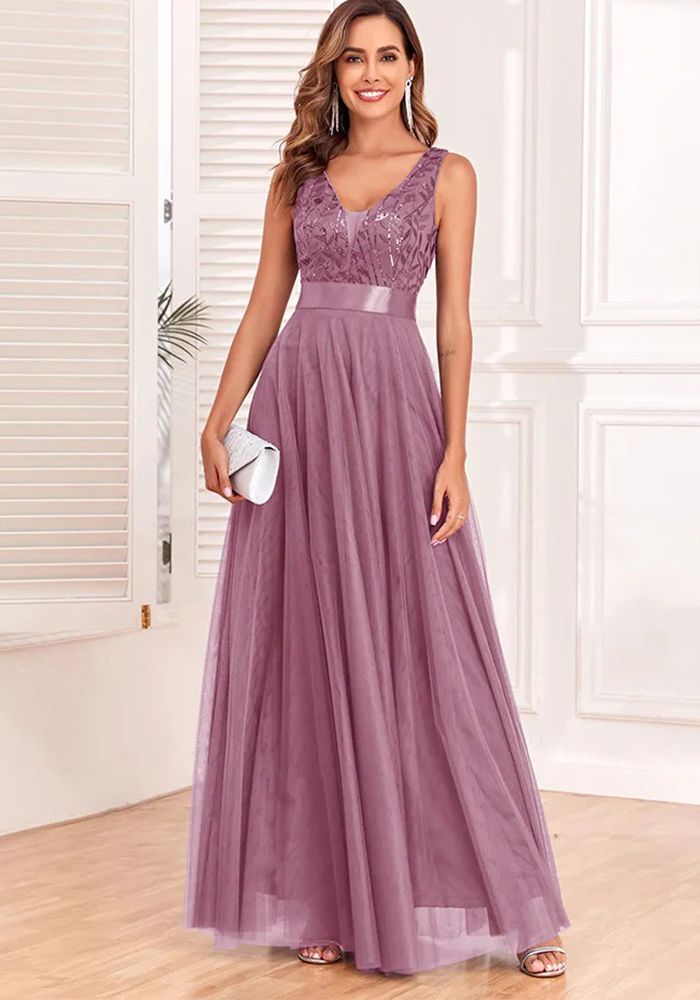 Robe de soirée en tulle brodé sans manches à décolleté en V pour femmes