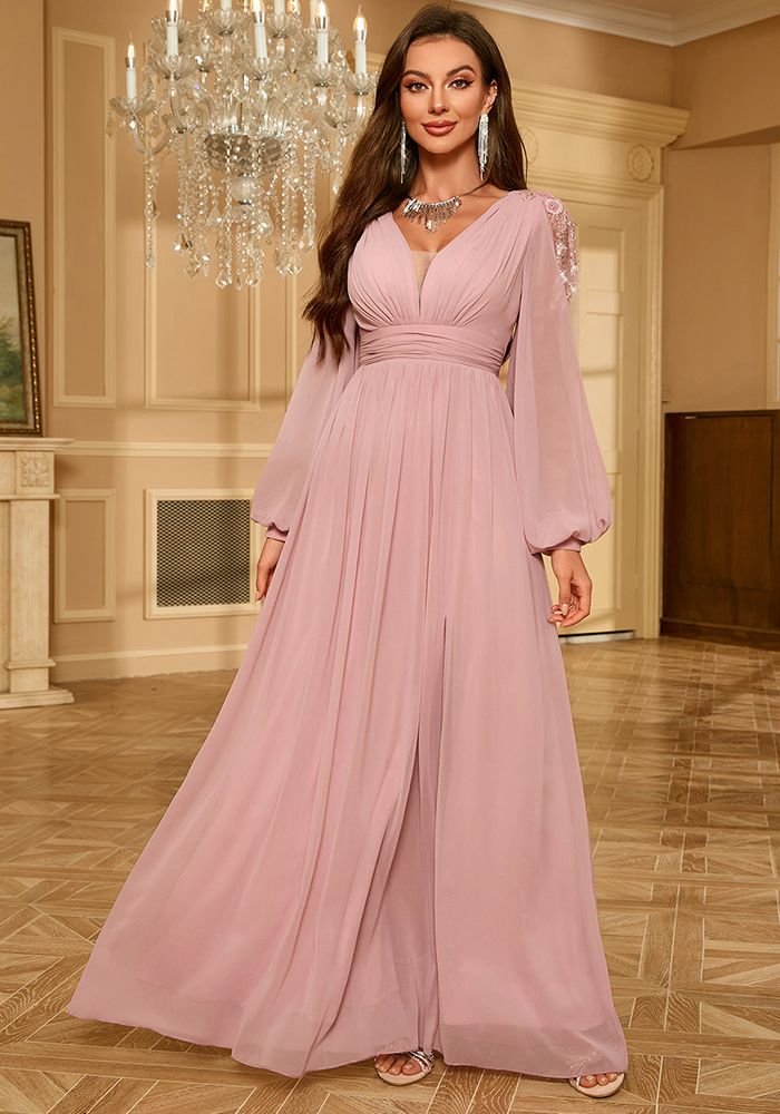 Robe de Soirée Formelle à Manches Longues pour Femmes