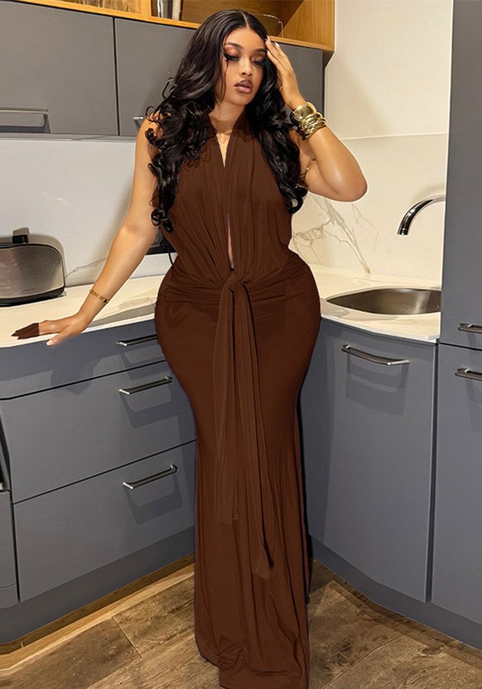 Robe Maxi à Dos Nu à Encolure Halter et Fronces pour Femmes