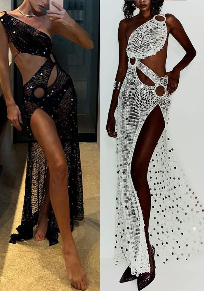Robe Loose à Épaules Découpées en Sequins pour Femmes Printemps/Été