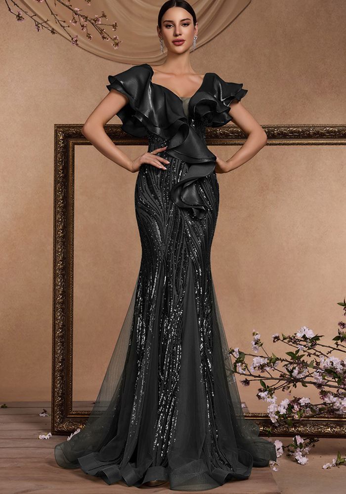 Robe de Soirée Sirène Dos Nu à Manches Volantes ÉléGantes pour Femmes