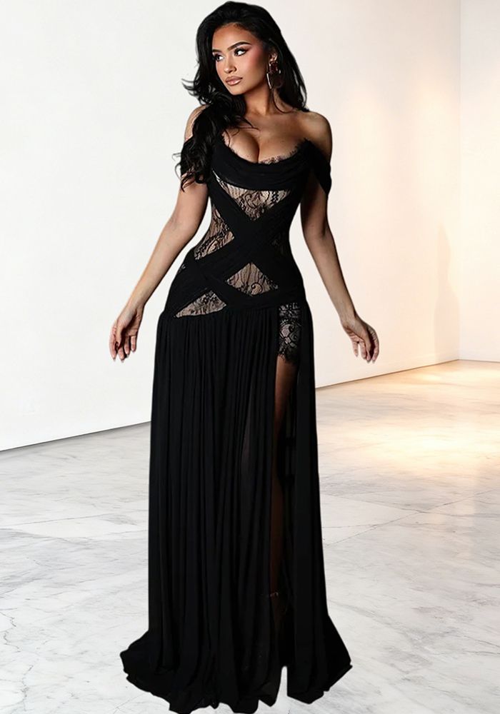 Robe Maxi Formelle Femme Noire Sans Épaules en Dentelle Découpée avec Fente