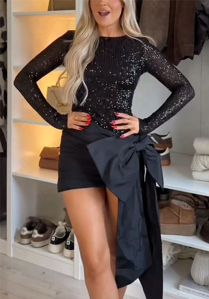 Robe Femme à Manches Longues Col Rond Paillettes Patchwork Nœud
