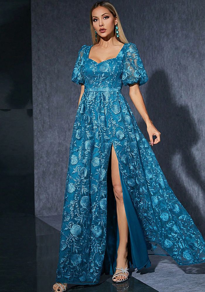 Robe de Soirée Formelle à Manches Bouffantes Bleue pour Femme