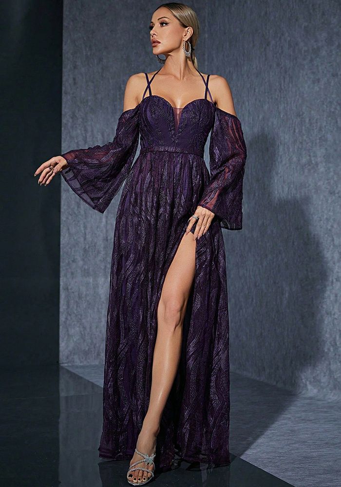 Robe de Soirée Femme à Col Halter et Manches Cloches avec Fente