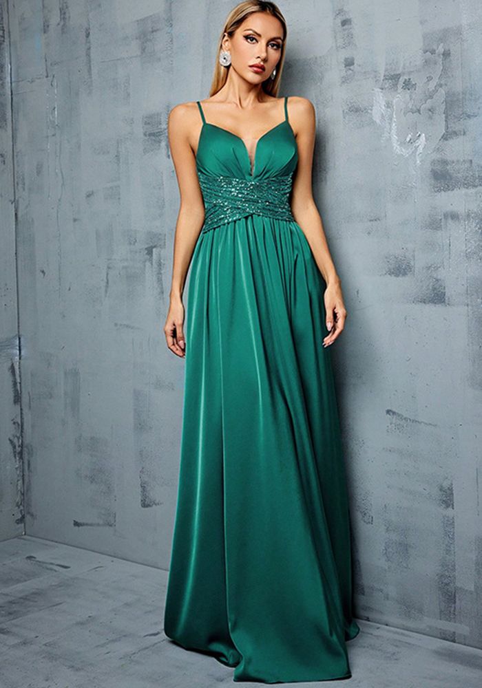 Robe de soirée en satin à dos nu et décolleté en V pour femmes - Printemps
