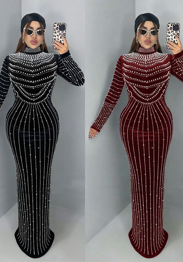 Robe Longue à Manches Longues en Velours Élégant et Chic pour Femmes avec Perles
