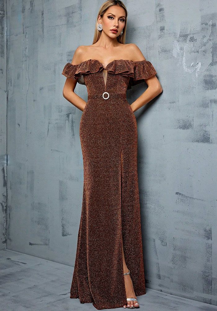 Robe de Soirée Évasée à Épaules Dégagées et Taille Slim