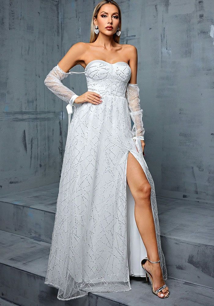 Robe de Soirée Formelle Sans Épaules, Sans Bretelles, Dos Nu, Fendue