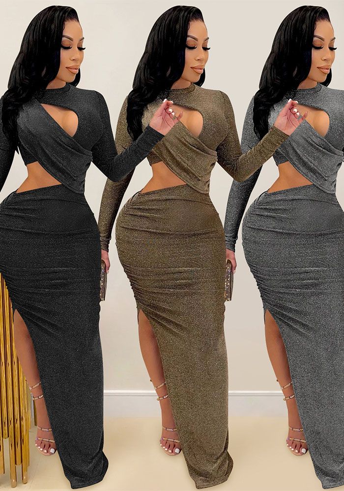 Robe Maxi Femme à Col Rond Solide à Manches Longues avec Découpe et Fente