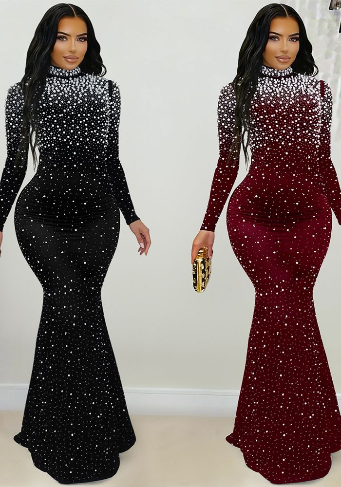 Robe Bodycon Élégante à Col Montant en Perles et Paillettes pour Femme