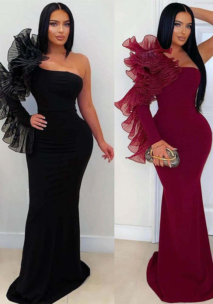 Robe Longue Slim-Fit Élégante à Manches Volantes Uniques pour Femmes