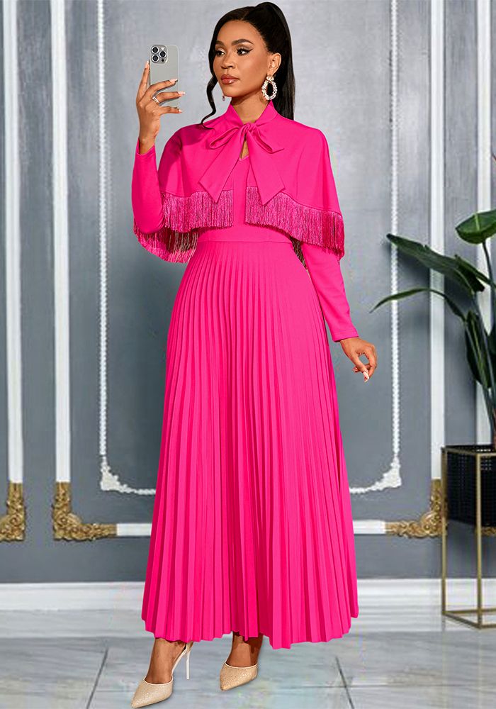 Robe Plissée Formelle à V-Cou avec Nœud et Franges pour Femmes