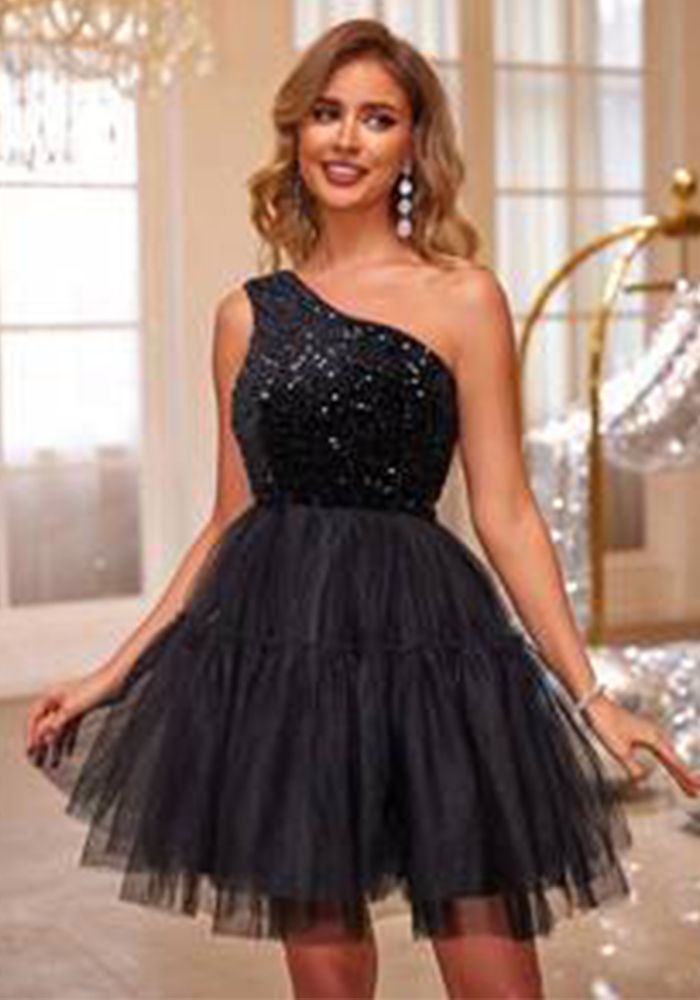 Robe Femme en Maille Pailletée à Une Épaule