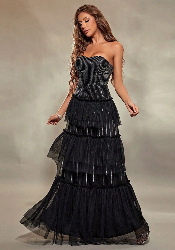 Robe de cocktail longue sans bretelles à rayures verticales pour femmes