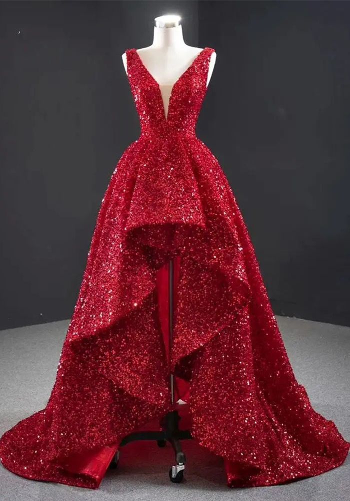 Robe de Mariée Femme Rouge Haute-Basse Bouffante (Temps de traitement nécessaire 3-6 jours)