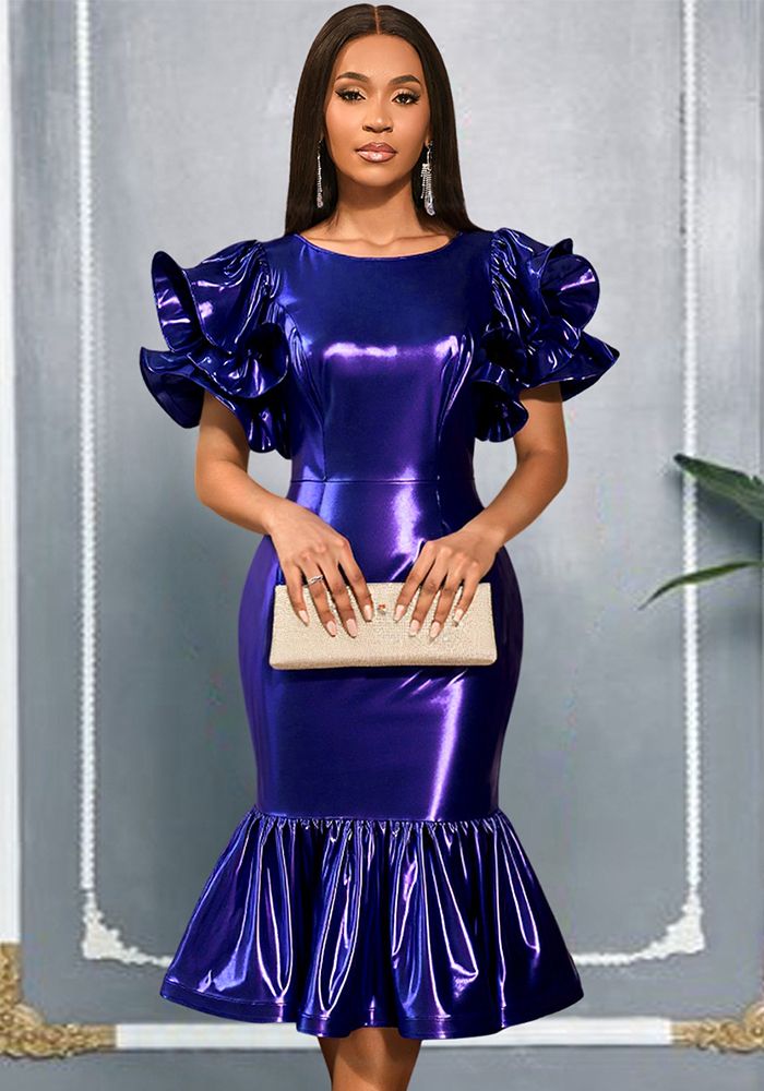 Robe de Soirée Évasée à Manches Bouffantes Brillantes pour Femmes avec Col Rond et Taille Ajustée