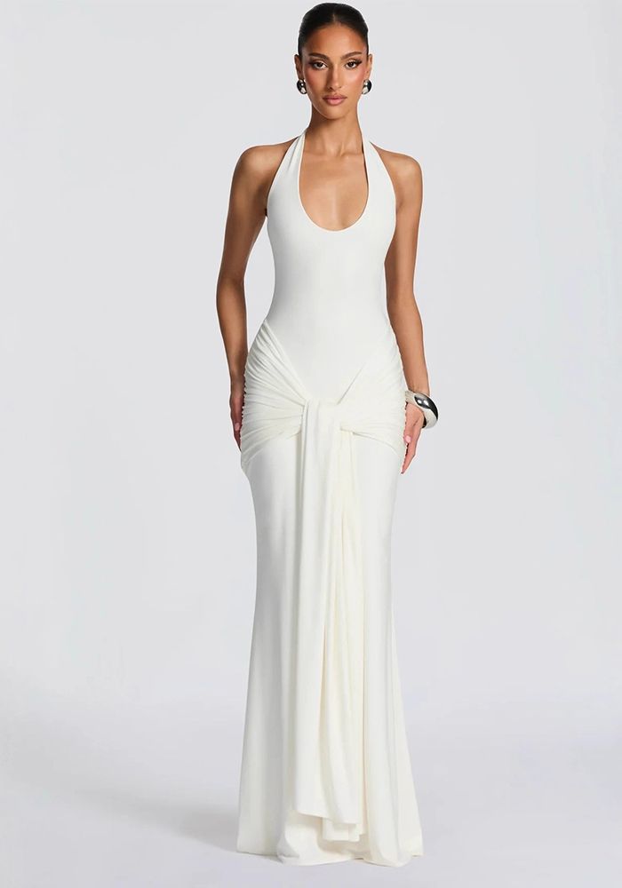 Robe Maxi de Soirée Slim-Fit à Col Halter avec Patches en Ruban pour Femmes