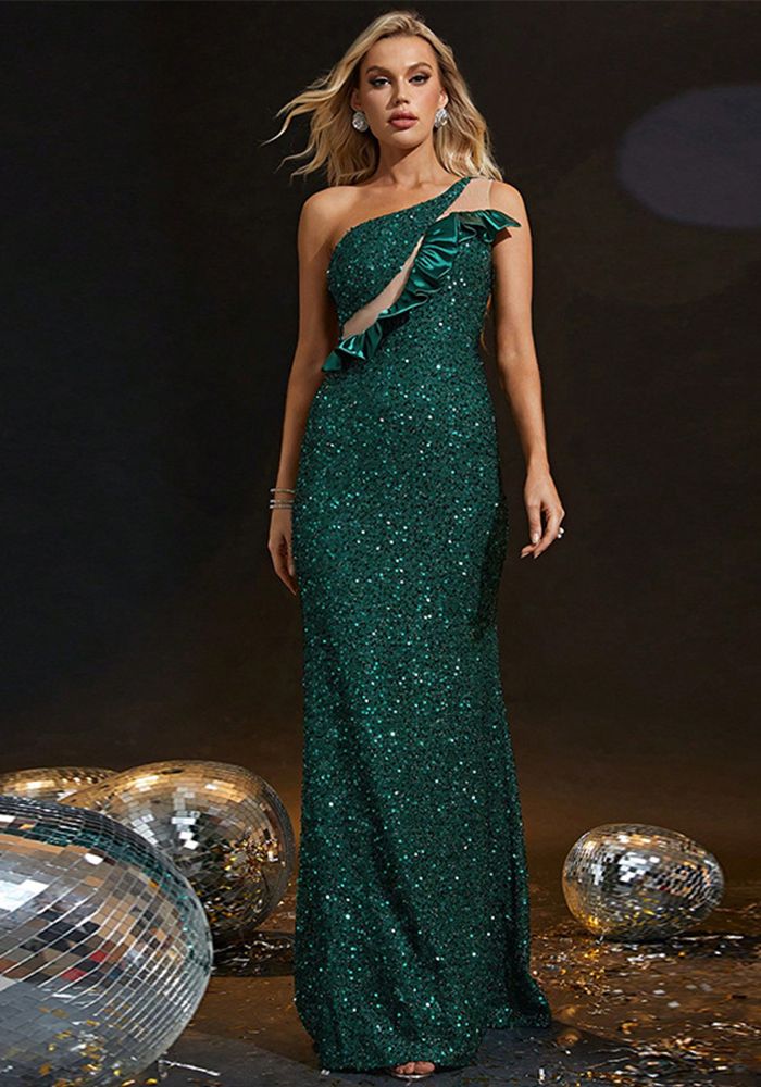Robe de soirée en sequins pour femmes, vert foncé, à une épaule et dos nu, style sirène, printemps