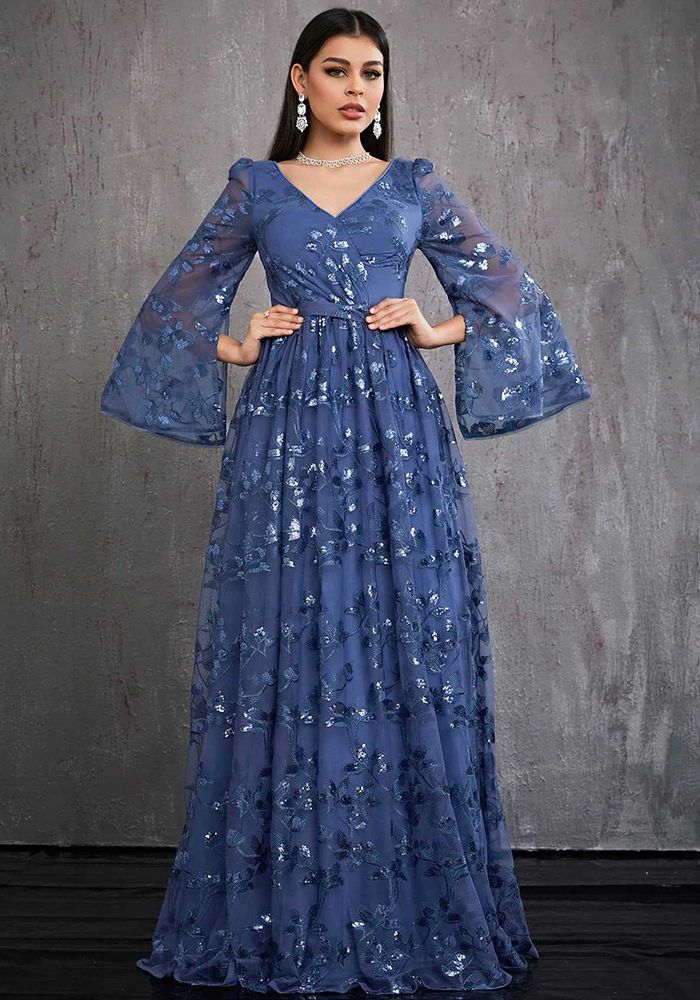 Robe de Soirée Bleue à Manches Longues en Sequins pour Femmes