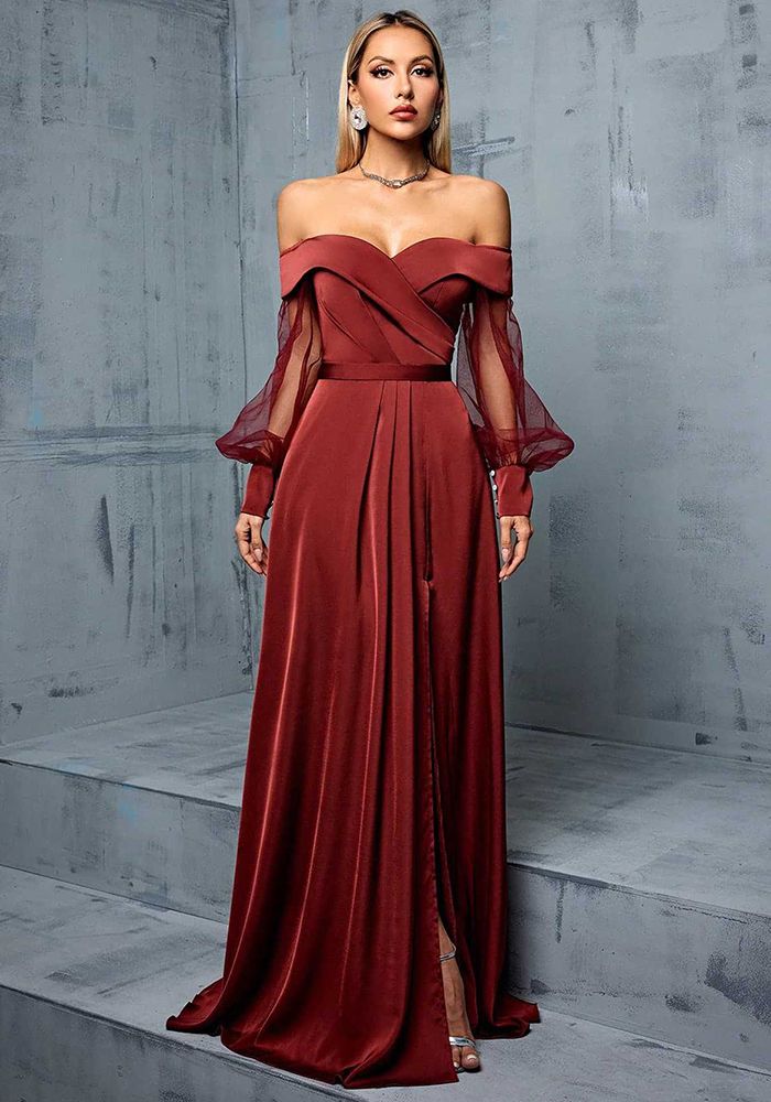 Robe de soirée pour demoiselle d'honneur femme marron à épaules dénudées