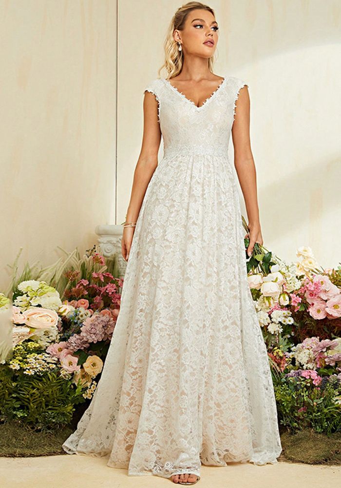 Robe de Soirée A-Ligne en Dentelle Blanche à Col V Slim Fit pour Femmes Printemps
