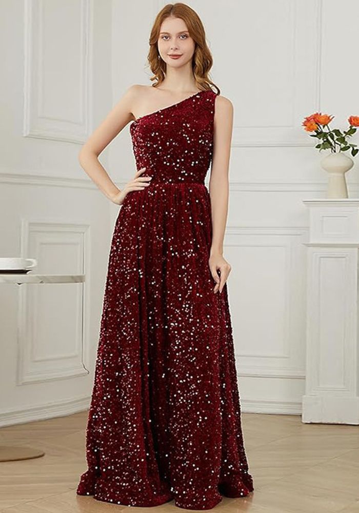 Robe de demoiselle d'honneur sans manches à sequins pour femmes, à épaule unique (temps de traitement de 3 à 6 jours)