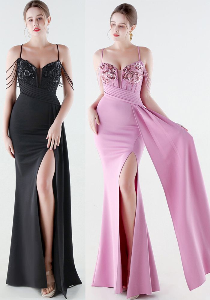 Robe de Soirée Femme Brodée Florale à Paillettes avec Plis et Fente en V