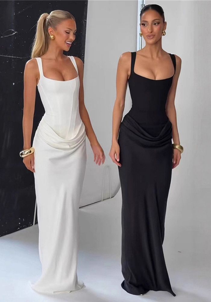 Robe Chic Élégante Slim à Dos Nu Carré à Bretelles pour Femmes Automne/Hiver
