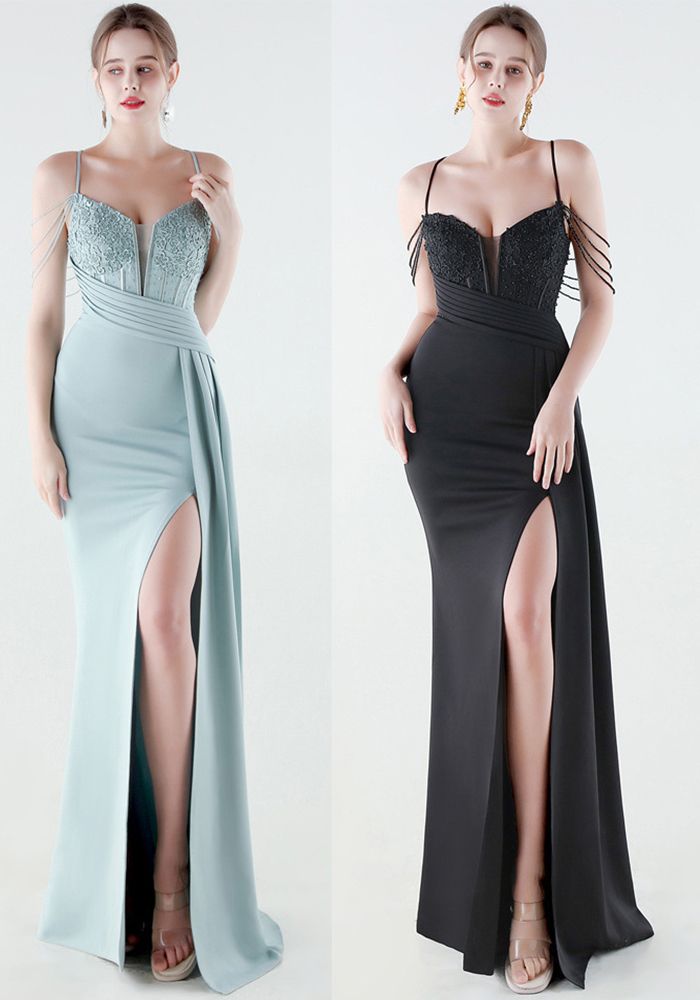 Robe de Soirée Formelle de Luxe pour Femmes avec Perles et Taille Slim à Lacets