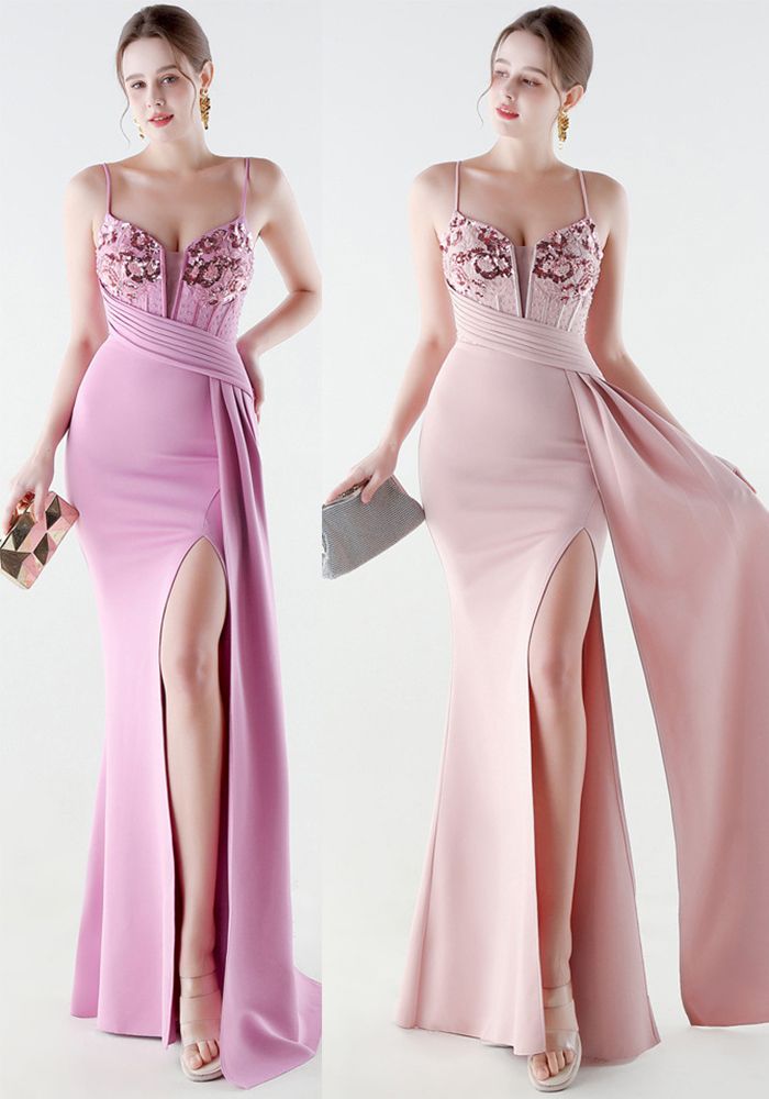 Robe de soirée formelle pour femmes en luxe avec perles, couleur unie, taille slim, bretelles et fente haute