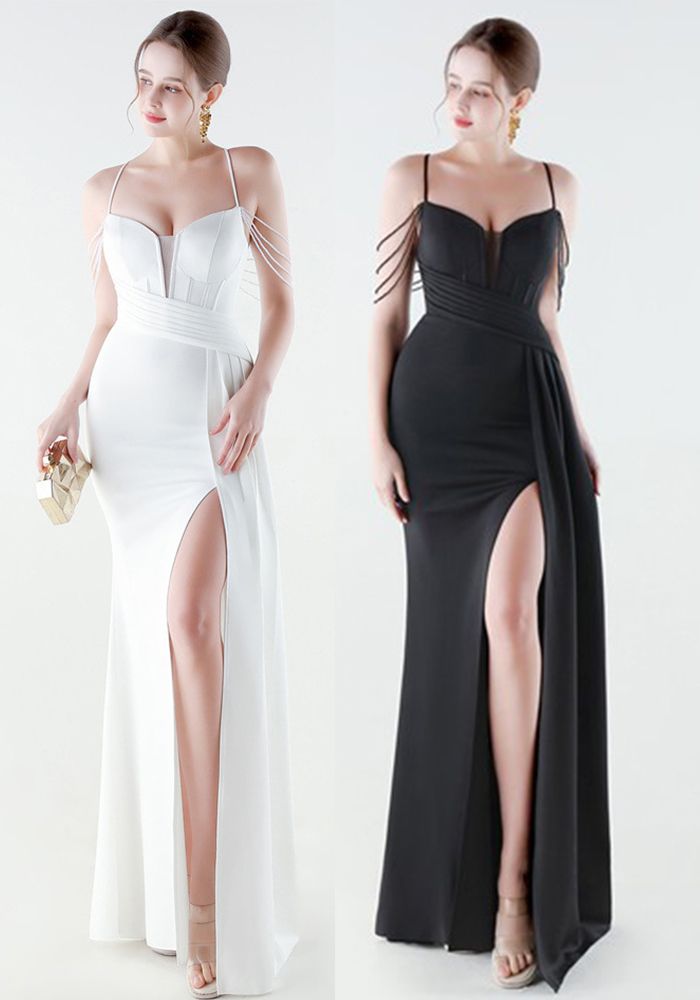 Robe de Soirée Chinoise Plissée Slim Taille Unie de Luxe pour Femmes