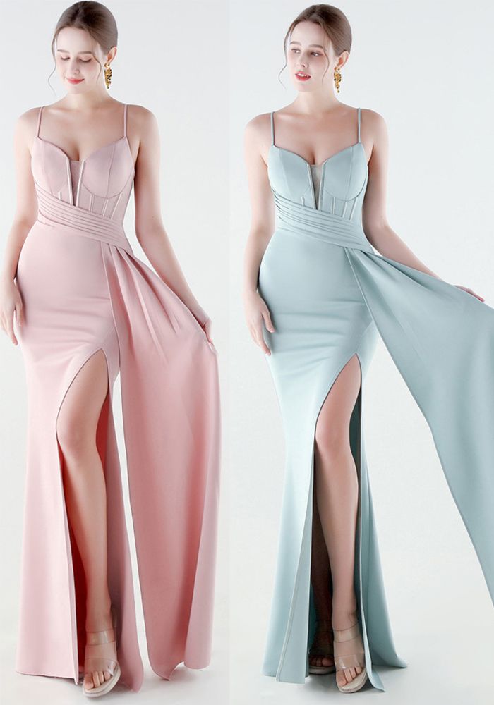 Robe de Soirée Formelle de Luxe pour Femmes en Couleur Unie avec Fente et Taille Ajustée