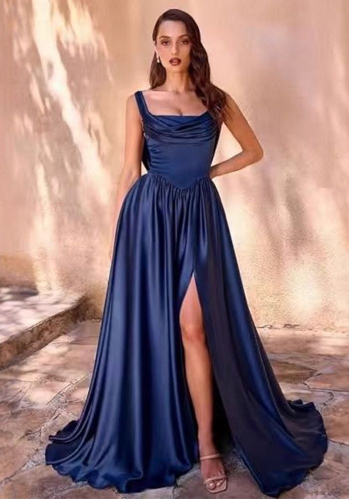 Robe longue de soirée à bretelles unie pour femme