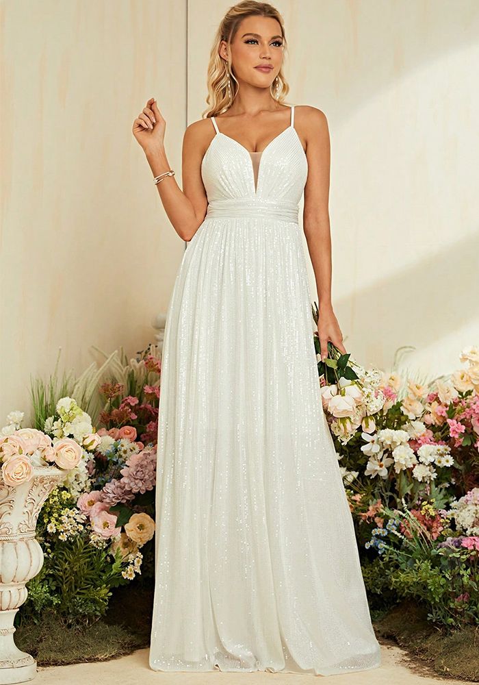 Robe de Soirée Blanche à Bretelles Spaghetti pour Femmes