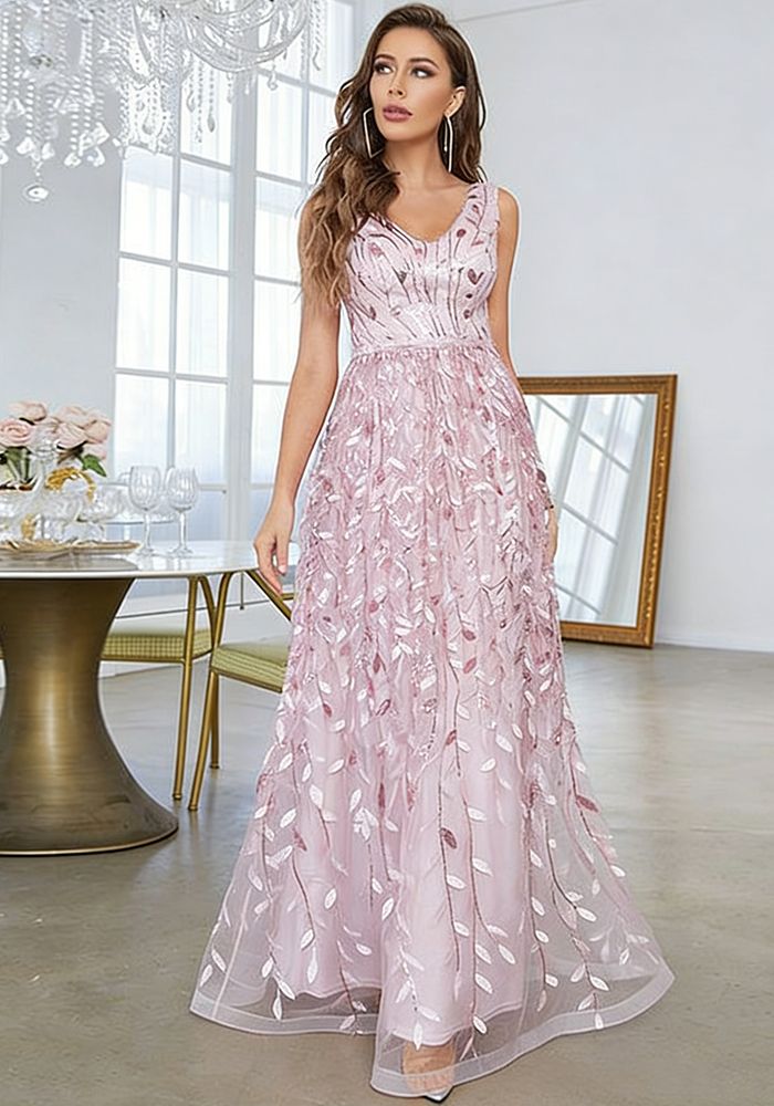 Robe maxi de soirée pour femmes rose pêche sans manches élégante en V