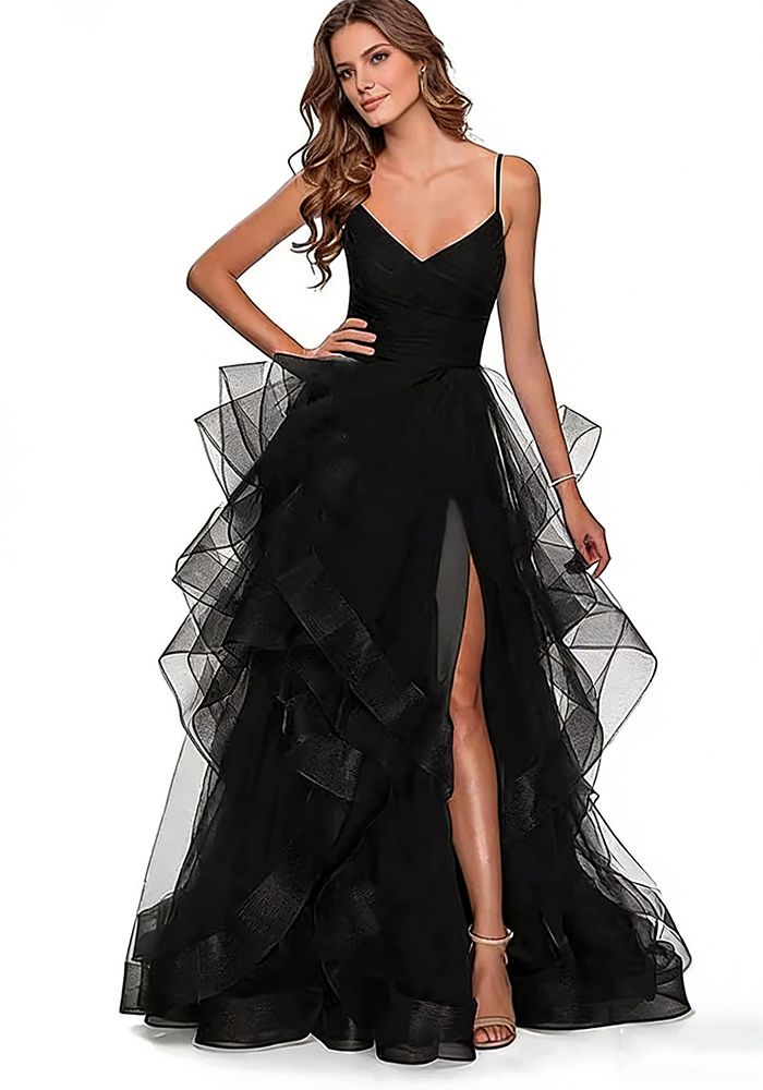 Robe de soirée longue en tulle à décolleté en V pour femmes avec bretelles superposées