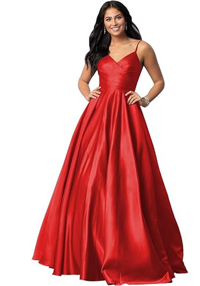 Robe Longue Satinée à Décolleté en V Profond pour Femmes avec Bretelles - Robe de Soirée Formelle