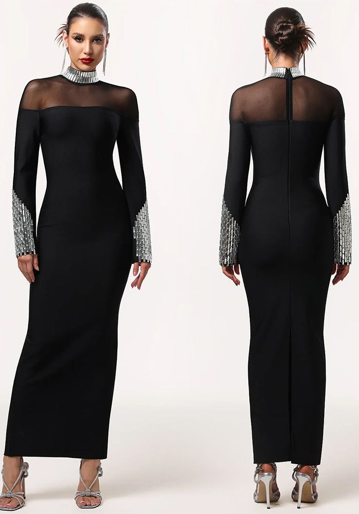 Robe à Manches Longues à Col Montant pour Femmes avec Perles