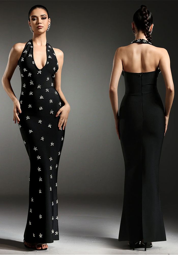 Robe dos nu élégante pour femmes avec perles et col halter