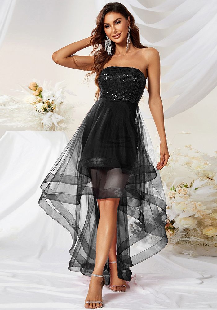 Robe de soirée sans manches et sans bretelles en mesh et sequins pour femmes